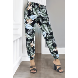 Pantalon noir à feuillage, fluide élastique à la taille et aux chevilles
