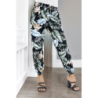 Pantalon noir à feuillage, fluide élastique à la taille et aux chevilles