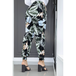 Pantalon noir à feuillage, fluide élastique à la taille et aux chevilles