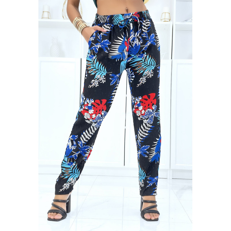 Pantalon noir à feuillage, fluide élastique à la taille et aux chevilles