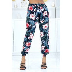 Pantalon noir à motif floral, fluide élastique à la taille et aux chevilles