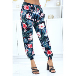 Pantalon noir à motif floral, fluide élastique à la taille et aux chevilles