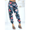 Pantalon noir à motif floral, fluide élastique à la taille et aux chevilles