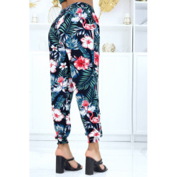 Pantalon noir à motif floral, fluide élastique à la taille et aux chevilles