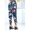 Pantalon noir à motif floral, fluide élastique à la taille et aux chevilles