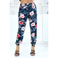 Pantalon marine à motif floral, fluide élastique à la taille et aux chevilles