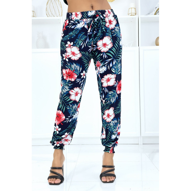 Pantalon marine à motif floral, fluide élastique à la taille et aux chevilles