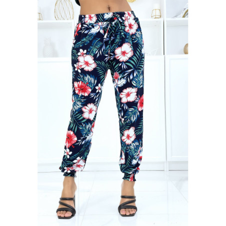 Pantalon marine à motif floral, fluide élastique à la taille et aux chevilles