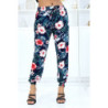 Pantalon marine à motif floral, fluide élastique à la taille et aux chevilles