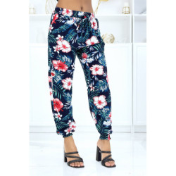 Pantalon marine à motif floral, fluide élastique à la taille et aux chevilles