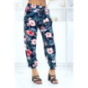 Pantalon marine à motif floral, fluide élastique à la taille et aux chevilles