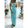 Longue robe croisé en turquoise avec ceinture en cordon