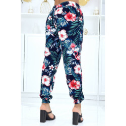 Pantalon marine à motif floral, fluide élastique à la taille et aux chevilles