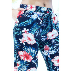 Pantalon marine à motif floral, fluide élastique à la taille et aux chevilles