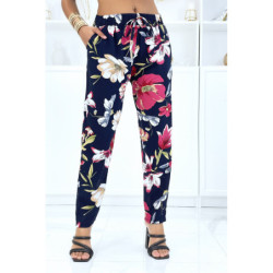 Pantalon marine à motif floral, fluide élastique à la taille