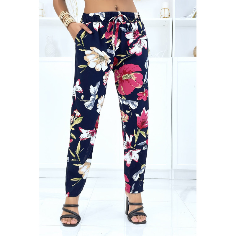 Pantalon marine à motif floral, fluide élastique à la taille