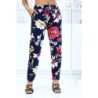 Pantalon marine à motif floral, fluide élastique à la taille