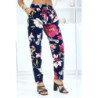 Pantalon marine à motif floral, fluide élastique à la taille