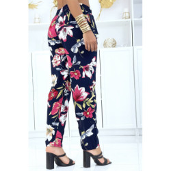 Pantalon marine à motif floral, fluide élastique à la taille