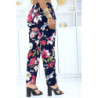 Pantalon marine à motif floral, fluide élastique à la taille
