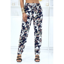 Pantalon marine à feuillage, fluide élastique à la taille