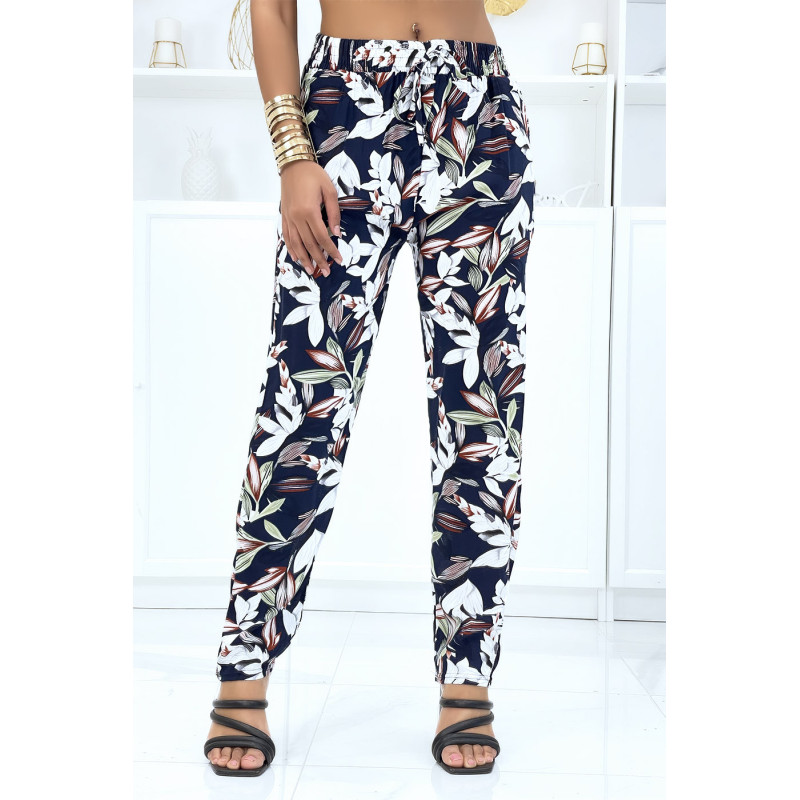 Pantalon marine à feuillage, fluide élastique à la taille