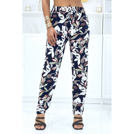 Pantalon marine à feuillage, fluide élastique à la taille