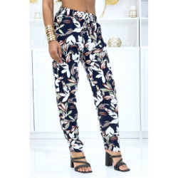 Pantalon marine à feuillage, fluide élastique à la taille