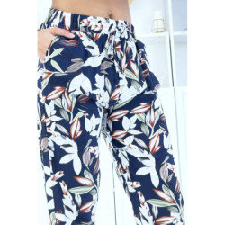 Pantalon marine à feuillage, fluide élastique à la taille