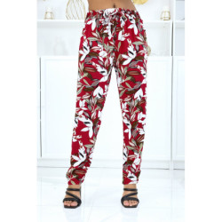 Pantalon rouge à feuillage, fluide élastique à la taille
