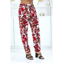 Pantalon rouge à feuillage, fluide élastique à la taille