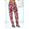 Pantalon rouge à feuillage, fluide élastique à la taille