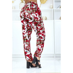 Pantalon rouge à feuillage, fluide élastique à la taille