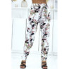 Pantalon blanc à feuillage, fluide élastique à la taille