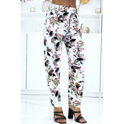 Pantalon blanc à feuillage, fluide élastique à la taille