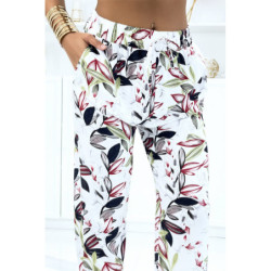 Pantalon blanc à feuillage, fluide élastique à la taille