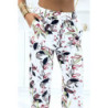 Pantalon blanc à feuillage, fluide élastique à la taille