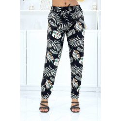 Pantalon noir à motif feuillage, fluide élastique à la taille