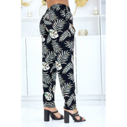 Pantalon noir à motif feuillage, fluide élastique à la taille