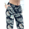 Pantalon noir à motif feuillage, fluide élastique à la taille