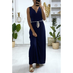 Longue robe croisé en marine avec ceinture en cordon