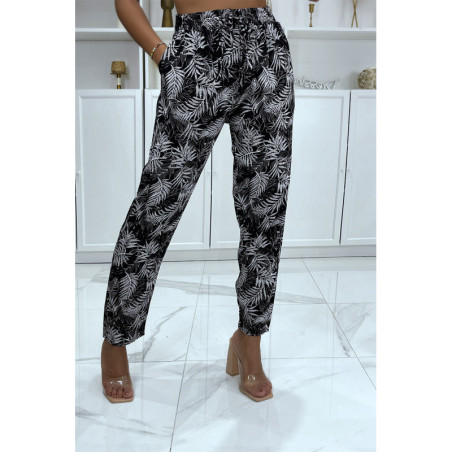 Pantalon noir et blanc à motif feuillage, fluide élastique à la taille