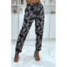 Pantalon noir et blanc à motif feuillage, fluide élastique à la taille