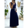 Longue robe croisé en marine avec ceinture en cordon