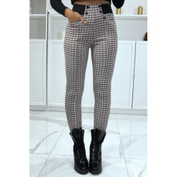 Pantalon rose motif carreaux avec poches boutons et élastique à la taille