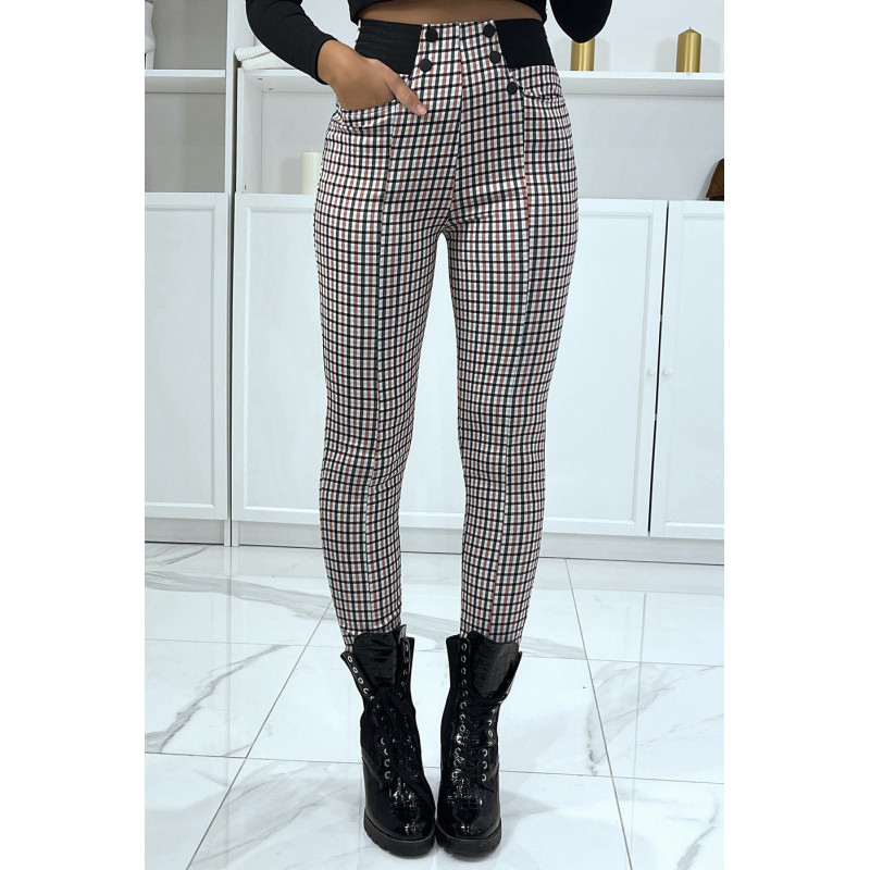 Pantalon rose motif carreaux avec poches boutons et élastique à la taille