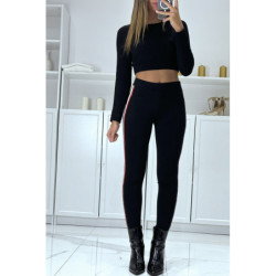Pantalon slim noir à fausses poches et bandes sur les côtés