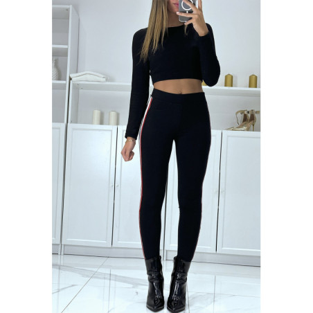 Pantalon slim noir à fausses poches et bandes sur les côtés