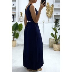 Longue robe croisé en marine avec ceinture en cordon