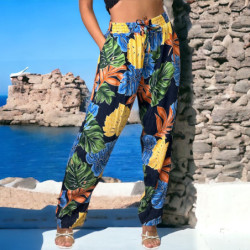 Pantalon palazzo marine imprimé tropical